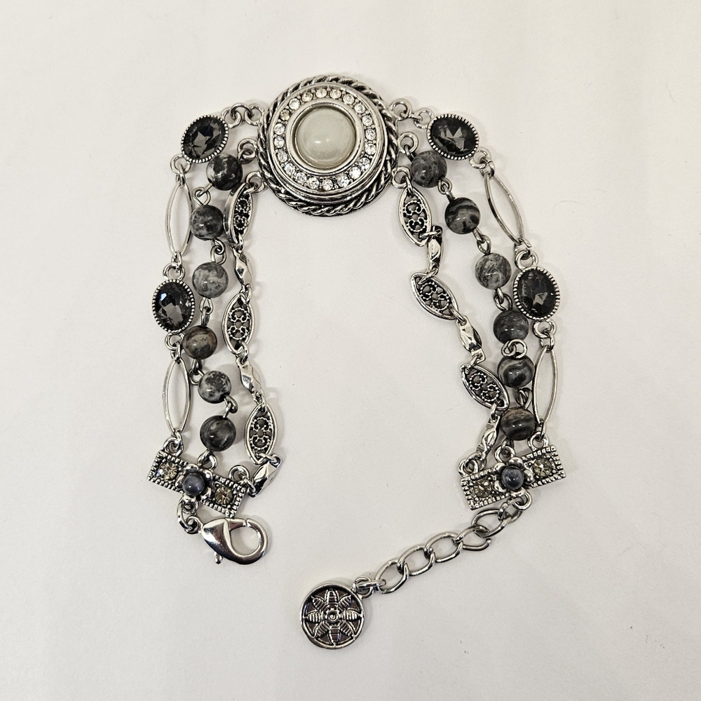 Bracelet Real Stone Crystal Rhinestones Multilayer Silver Tone